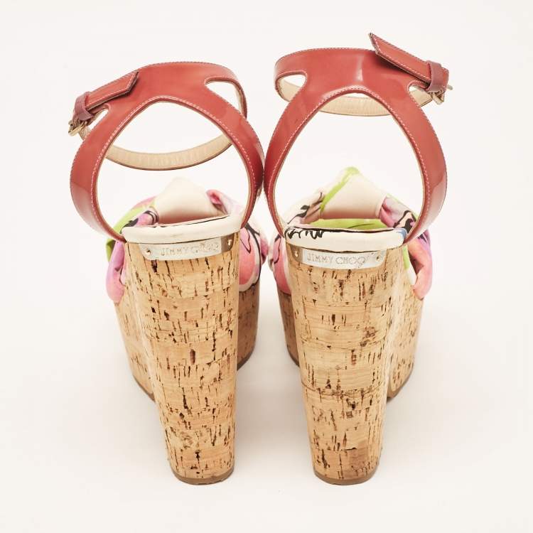 Pre Owned Jimmy Choo Red Patent Leather and Gleam Printed Fabric Cork Wedge Sandals Size 38.5