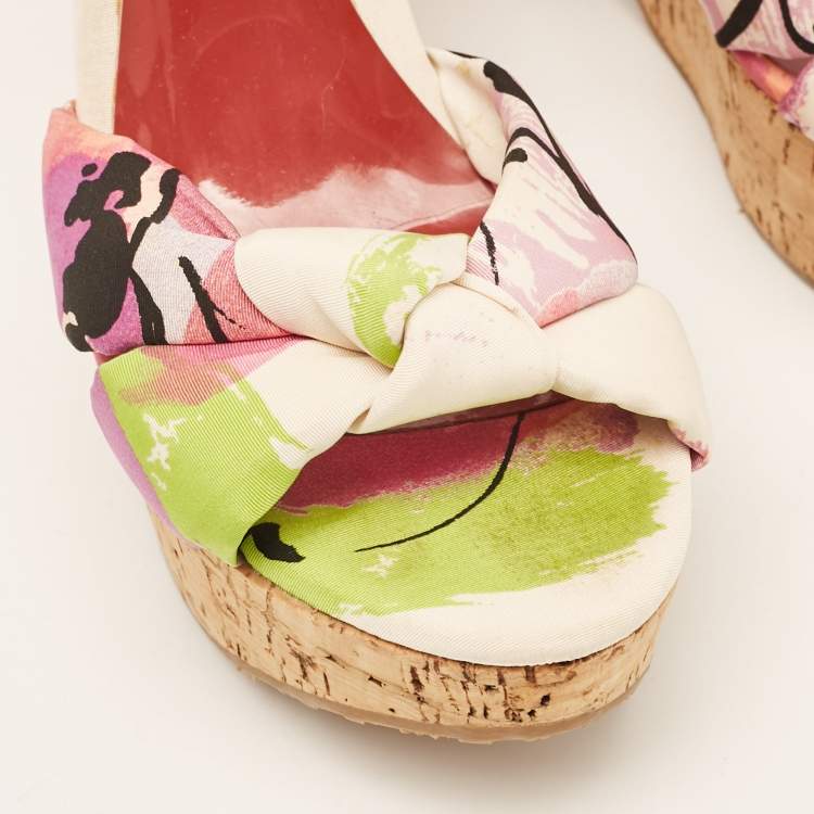 Pre Owned Jimmy Choo Red Patent Leather and Gleam Printed Fabric Cork Wedge Sandals Size 38.5