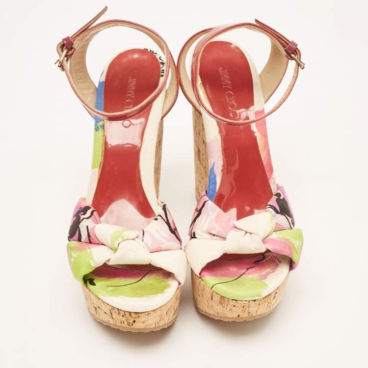 Pre Owned Jimmy Choo Red Patent Leather and Gleam Printed Fabric Cork Wedge Sandals Size 38.5
