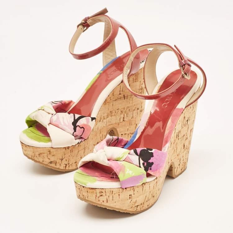 Pre Owned Jimmy Choo Red Patent Leather and Gleam Printed Fabric Cork Wedge Sandals Size 38.5