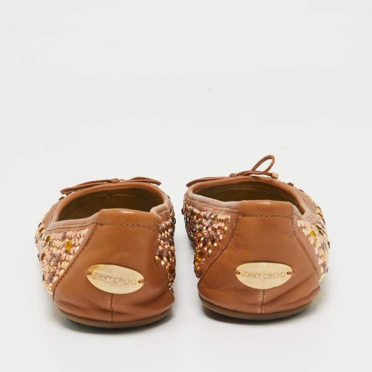 Pre Owned Jimmy Choo Brown Leather Crystal Embellished Ballet Flats Size 38