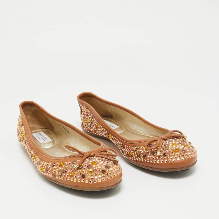 Pre Owned Jimmy Choo Brown Leather Crystal Embellished Ballet Flats Size 38
