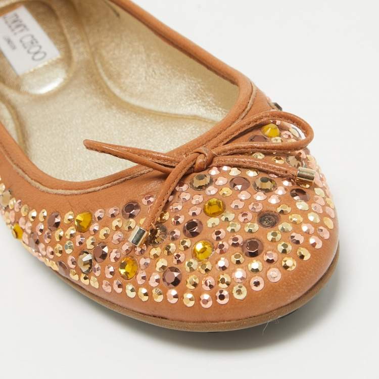 Pre Owned Jimmy Choo Brown Leather Crystal Embellished Ballet Flats Size 38