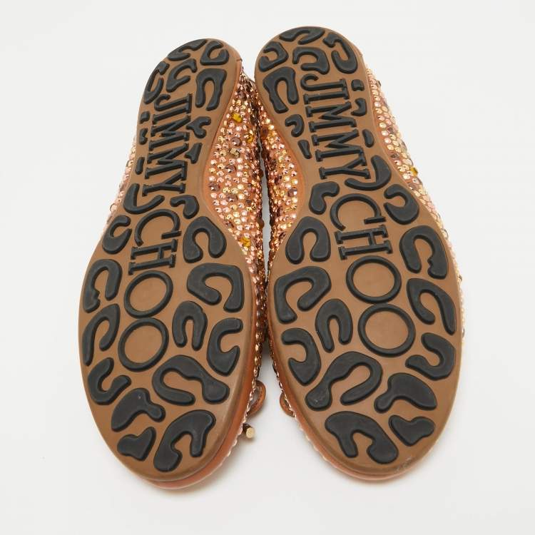 Pre Owned Jimmy Choo Brown Leather Crystal Embellished Ballet Flats Size 38