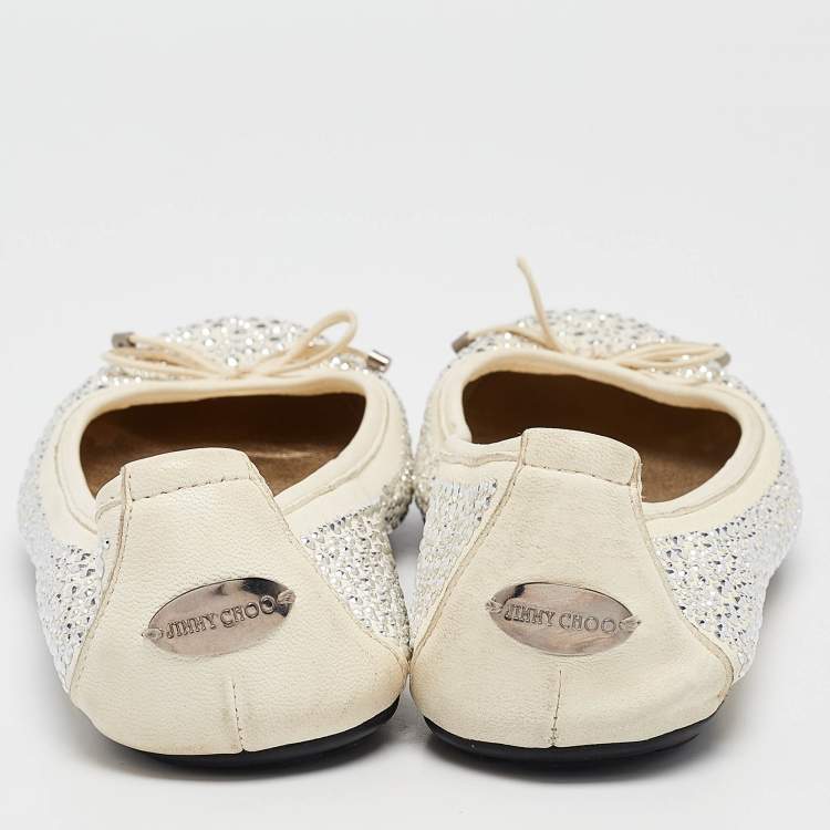 Pre Owned Jimmy Choo Cream Crystal Embellished Leather Weber Ballet Flats Size 38