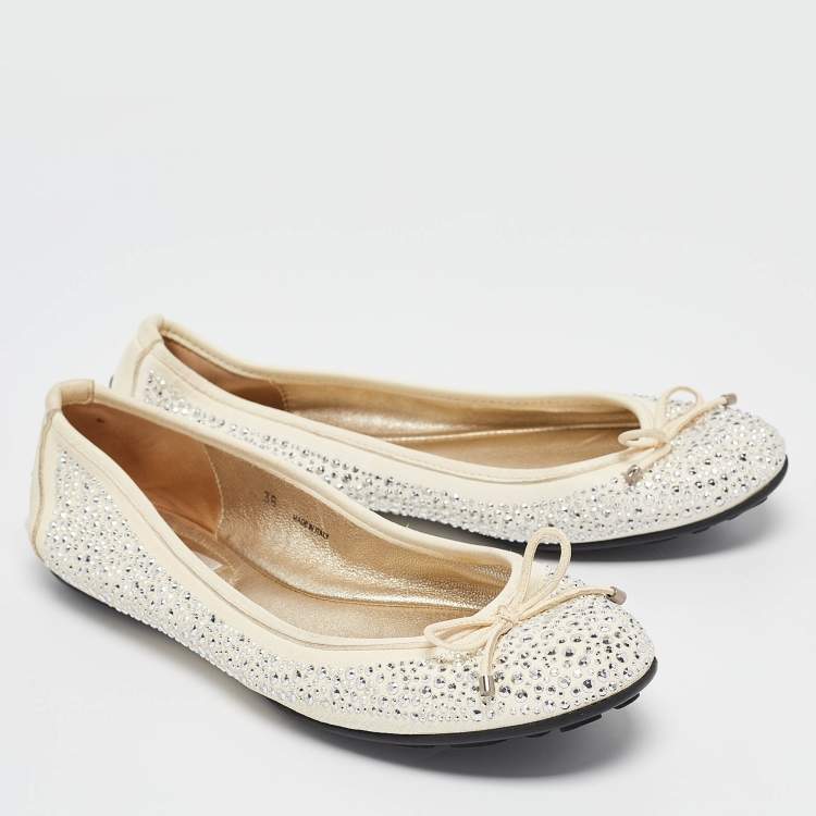 Pre Owned Jimmy Choo Cream Crystal Embellished Leather Weber Ballet Flats Size 38