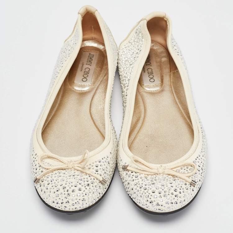 Pre Owned Jimmy Choo Cream Crystal Embellished Leather Weber Ballet Flats Size 38