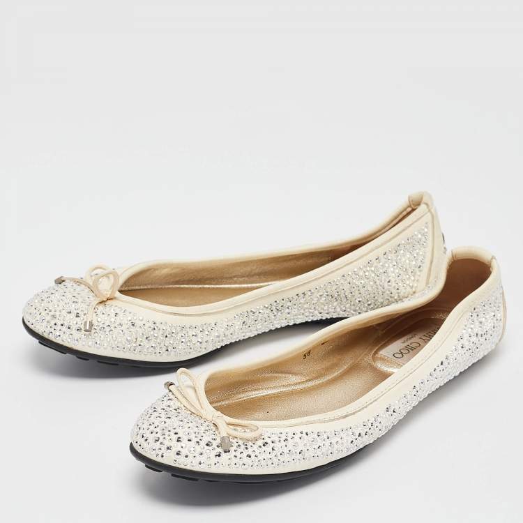 Pre Owned Jimmy Choo Cream Crystal Embellished Leather Weber Ballet Flats Size 38