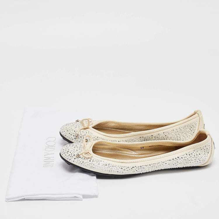Pre Owned Jimmy Choo Cream Crystal Embellished Leather Weber Ballet Flats Size 38