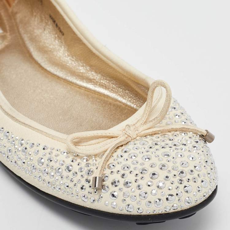 Pre Owned Jimmy Choo Cream Crystal Embellished Leather Weber Ballet Flats Size 38