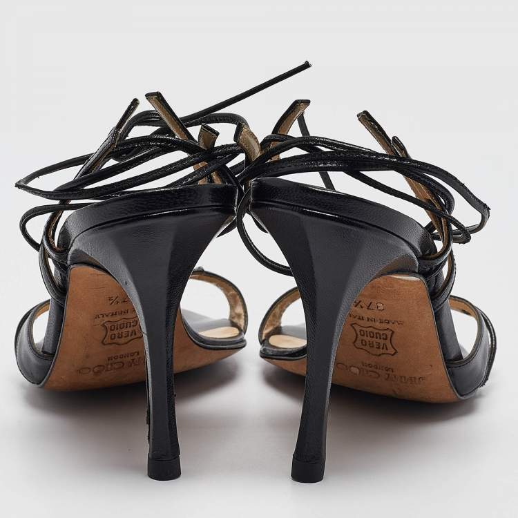 Pre Owned Jimmy Choo Black Leather Ankle Strap Sandals Size 37.5