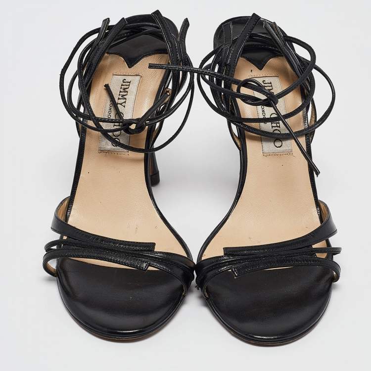 Pre Owned Jimmy Choo Black Leather Ankle Strap Sandals Size 37.5