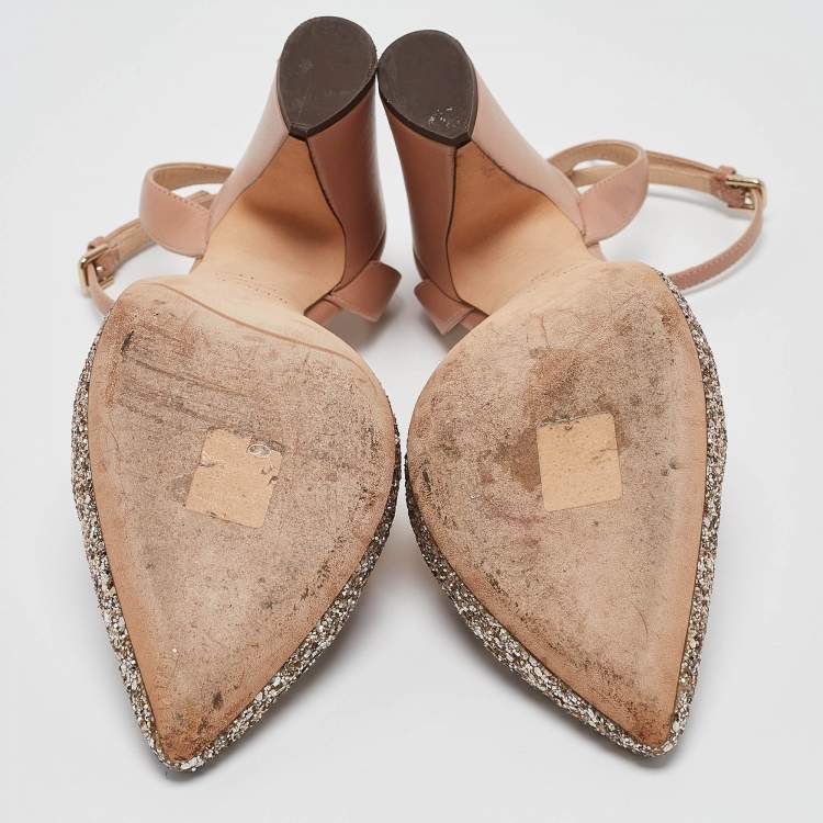 Pre Owned Jimmy Choo Beige/Silver Glitter and Leather Micky Pumps Size 39