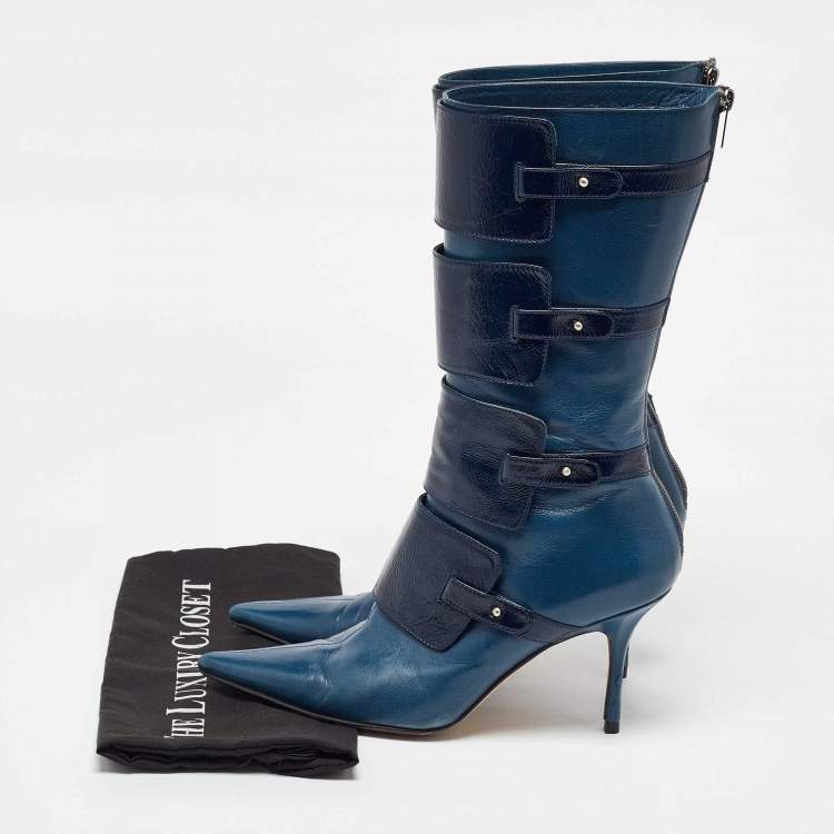 Pre Owned Jimmy Choo Navy Blue Leather Pointed Toe Calf length Boots Size 40