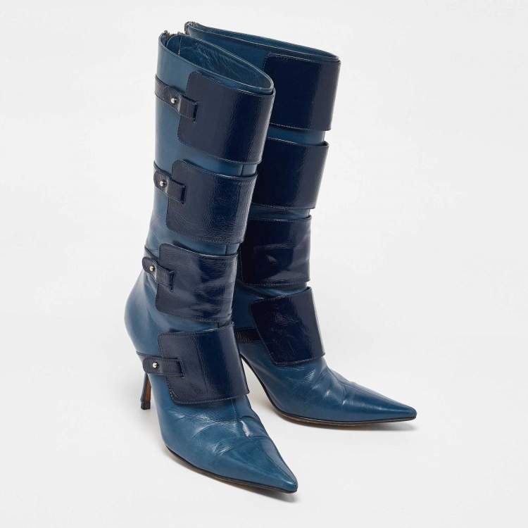 Pre Owned Jimmy Choo Navy Blue Leather Pointed Toe Calf length Boots Size 40