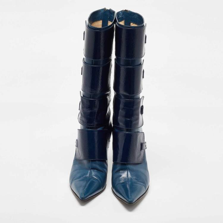 Pre Owned Jimmy Choo Navy Blue Leather Pointed Toe Calf length Boots Size 40