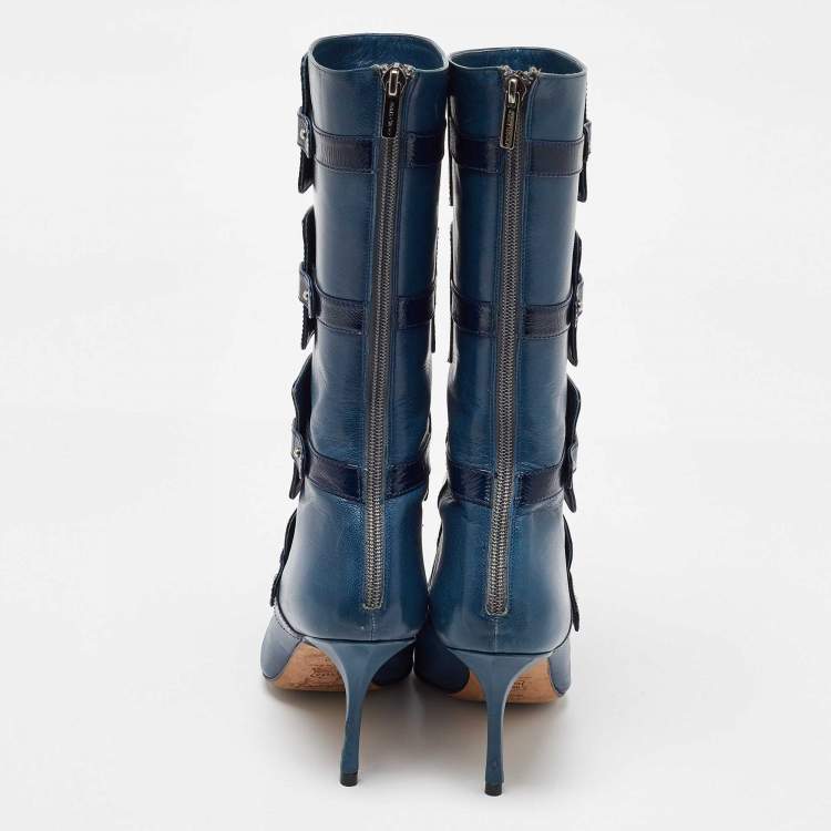 Pre Owned Jimmy Choo Navy Blue Leather Pointed Toe Calf length Boots Size 40