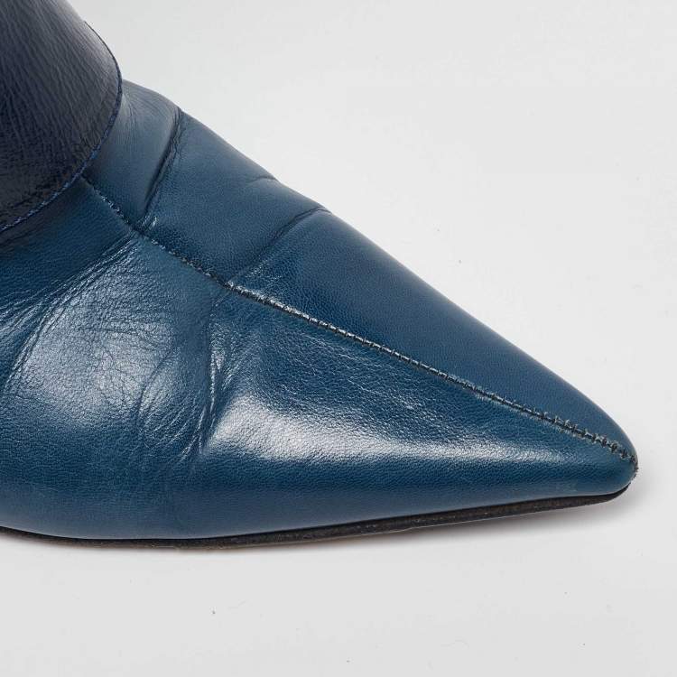 Pre Owned Jimmy Choo Navy Blue Leather Pointed Toe Calf length Boots Size 40