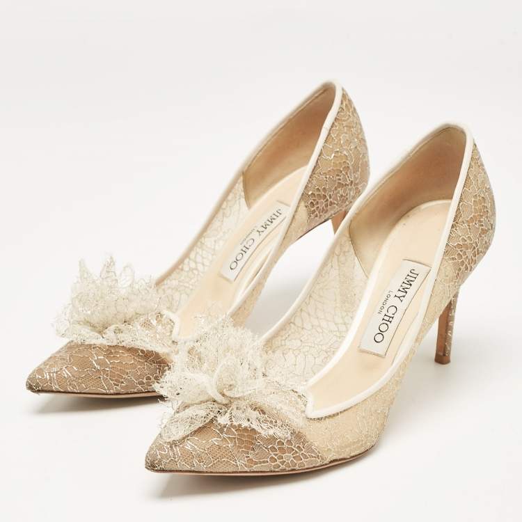 Pre Owned Jimmy Choo Beige Lace Floral Applique Pumps Size 38.5 