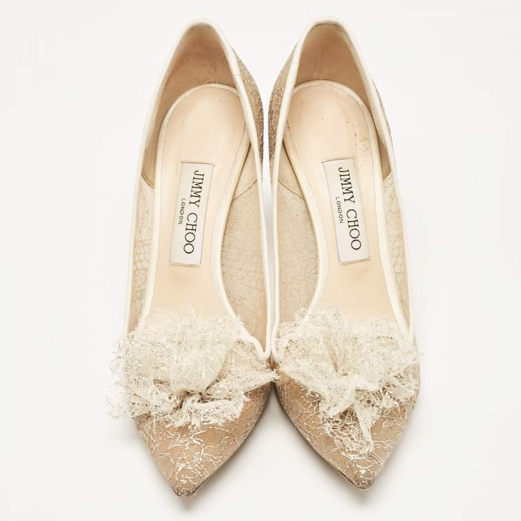 Pre Owned Jimmy Choo Beige Lace Floral Applique Pumps Size 38.5 