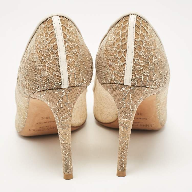 Pre Owned Jimmy Choo Beige Lace Floral Applique Pumps Size 38.5 