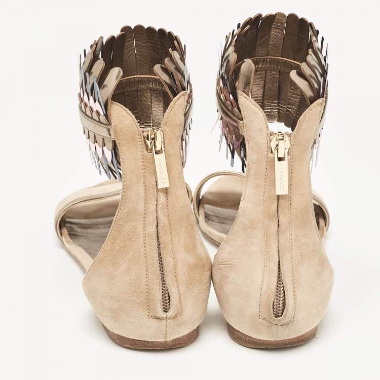 Pre Owned Jimmy Choo Beige Suede Kimro Fringe Ankle Cuff Flat Sandals Size 37