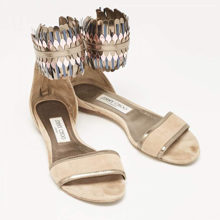 Pre Owned Jimmy Choo Beige Suede Kimro Fringe Ankle Cuff Flat Sandals Size 37