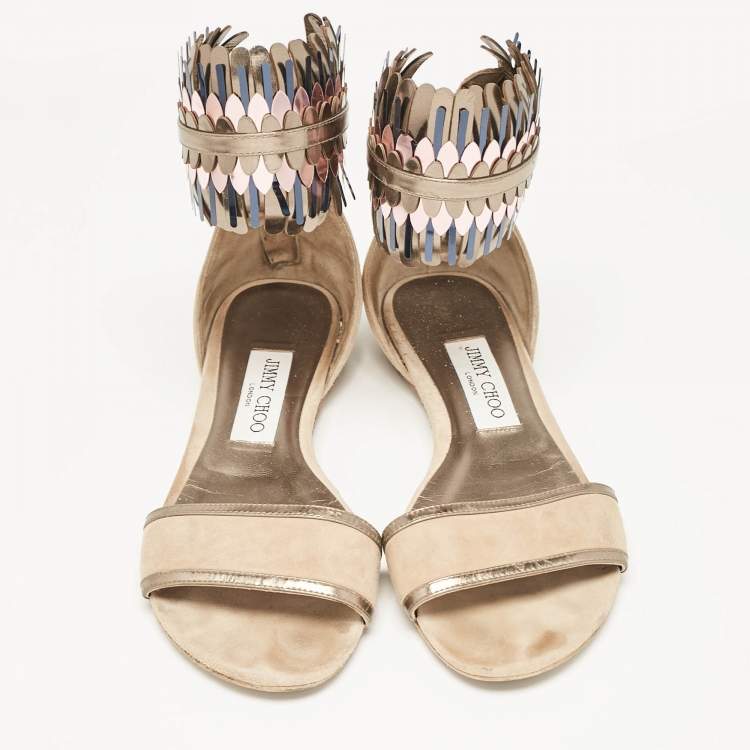 Pre Owned Jimmy Choo Beige Suede Kimro Fringe Ankle Cuff Flat Sandals Size 37