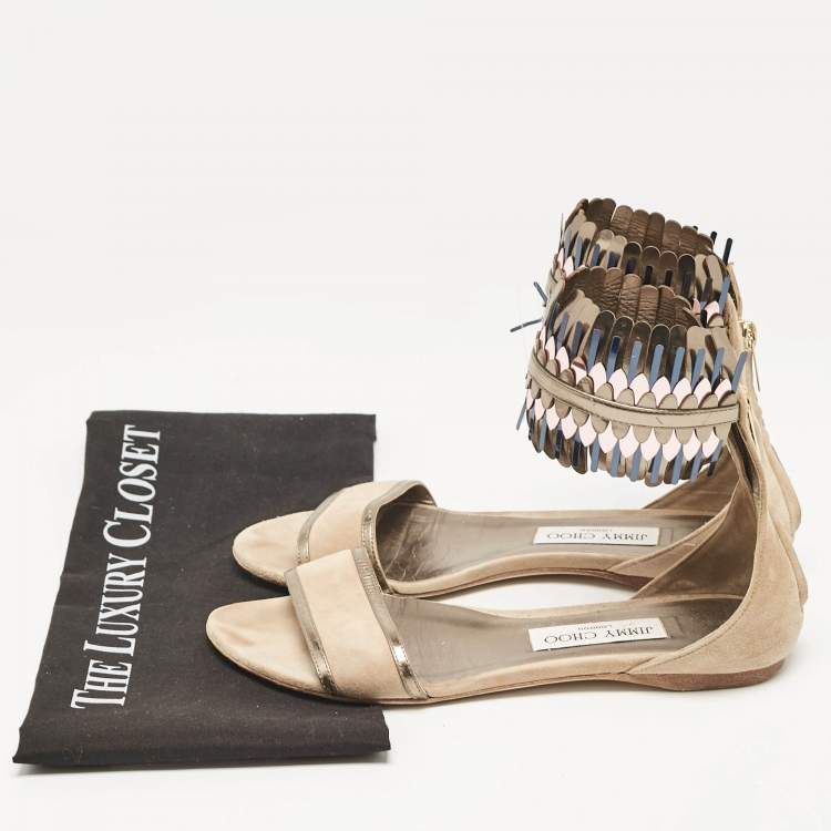 Pre Owned Jimmy Choo Beige Suede Kimro Fringe Ankle Cuff Flat Sandals Size 37