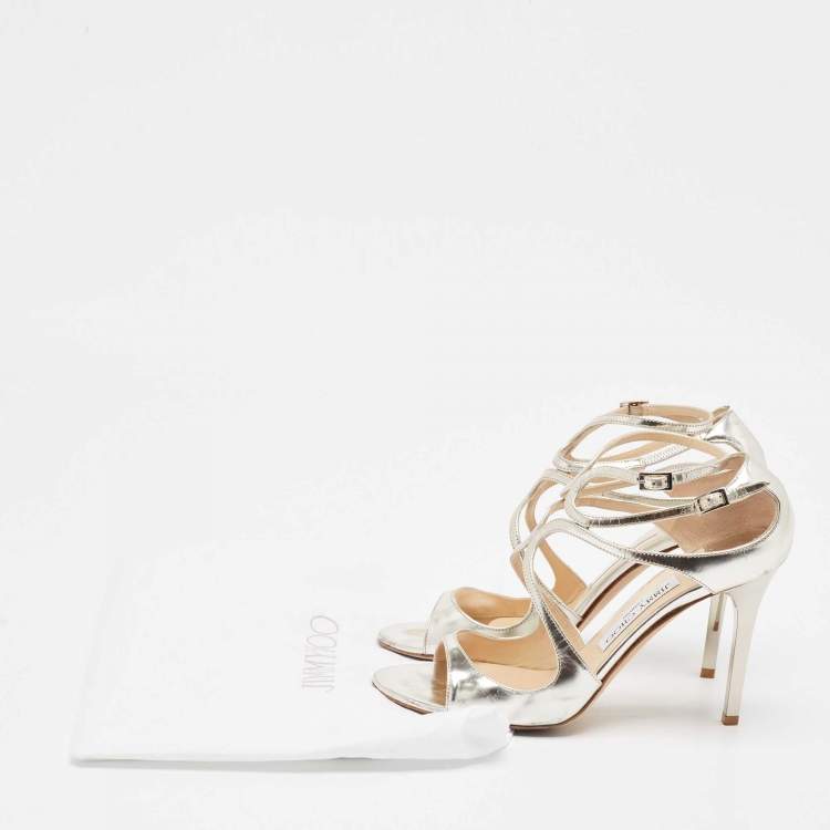 Pre Owned Jimmy Choo Silver Leather Lance Ankle Strap Sandals Size 38.5