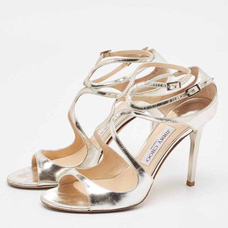 Pre Owned Jimmy Choo Silver Leather Lance Ankle Strap Sandals Size 38.5