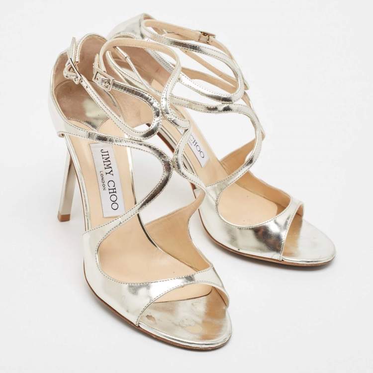 Pre Owned Jimmy Choo Silver Leather Lance Ankle Strap Sandals Size 38.5