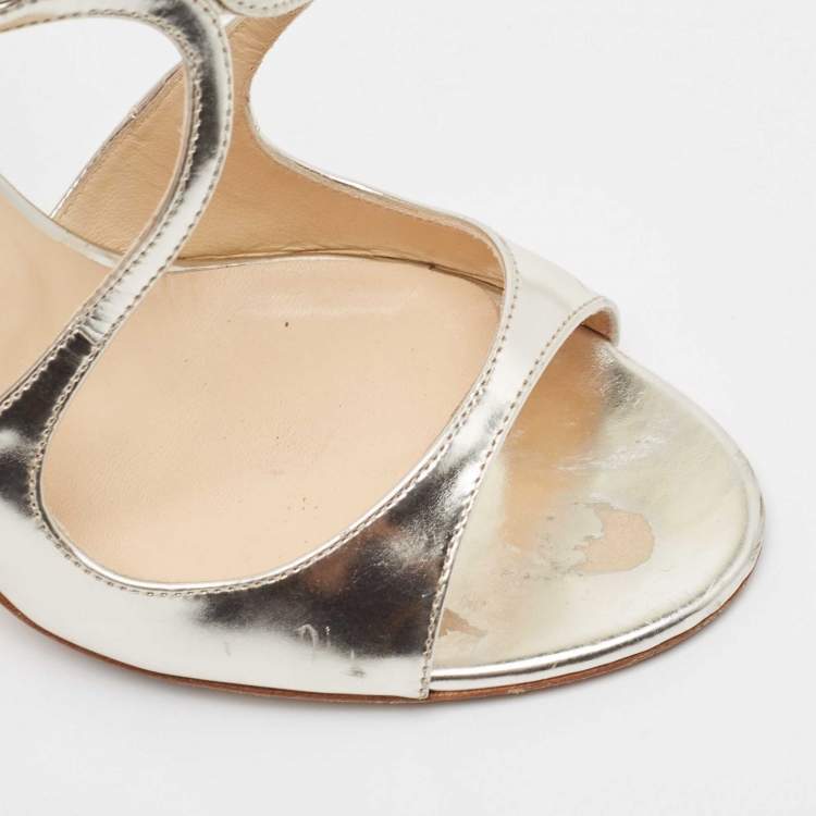 Pre Owned Jimmy Choo Silver Leather Lance Ankle Strap Sandals Size 38.5