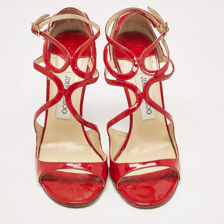 Pre Owned Jimmy Choo Red Patent Ivette Ankle Strap Sandals Size 39
