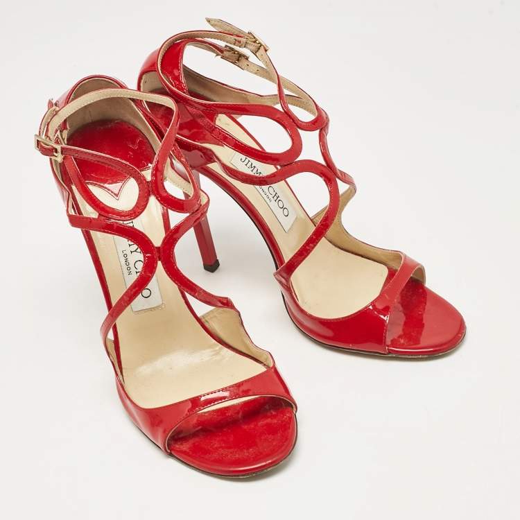 Pre Owned Jimmy Choo Red Patent Ivette Ankle Strap Sandals Size 39
