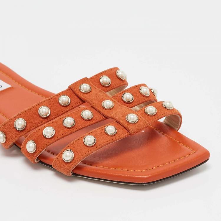 Pre Owned Jimmy Choo Orange Suede Pearl Embellished Hazal Flat Sandals Size 37