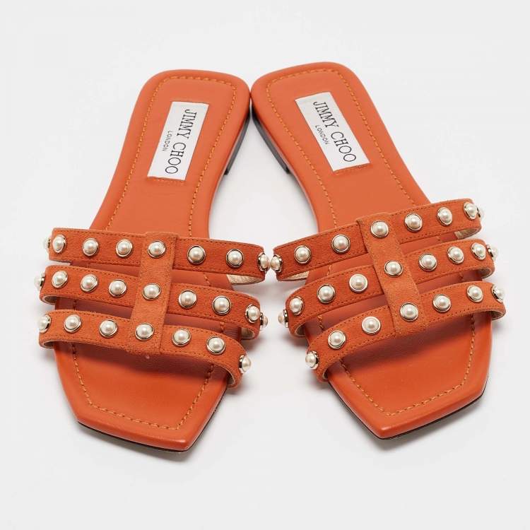 Pre Owned Jimmy Choo Orange Suede Pearl Embellished Hazal Flat Sandals Size 37
