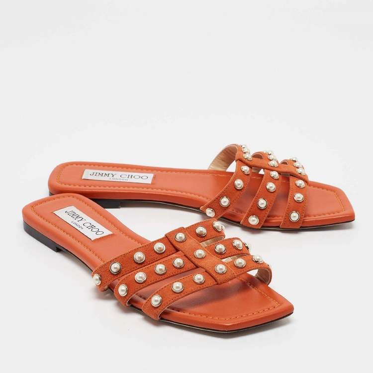 Pre Owned Jimmy Choo Orange Suede Pearl Embellished Hazal Flat Sandals Size 37