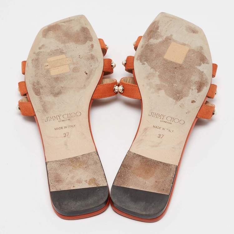 Pre Owned Jimmy Choo Orange Suede Pearl Embellished Hazal Flat Sandals Size 37