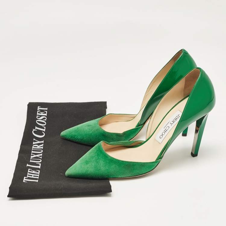 Pre Owned Jimmy Choo Green Patent Leather and Suede Liz Pointed Toe D'orsay Pumps Size 36.5