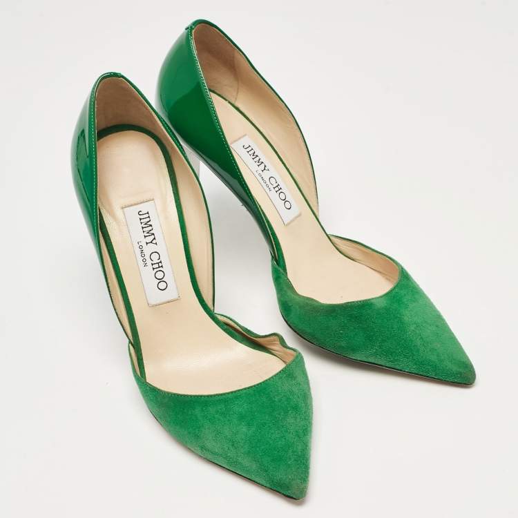Pre Owned Jimmy Choo Green Patent Leather and Suede Liz Pointed Toe D'orsay Pumps Size 36.5