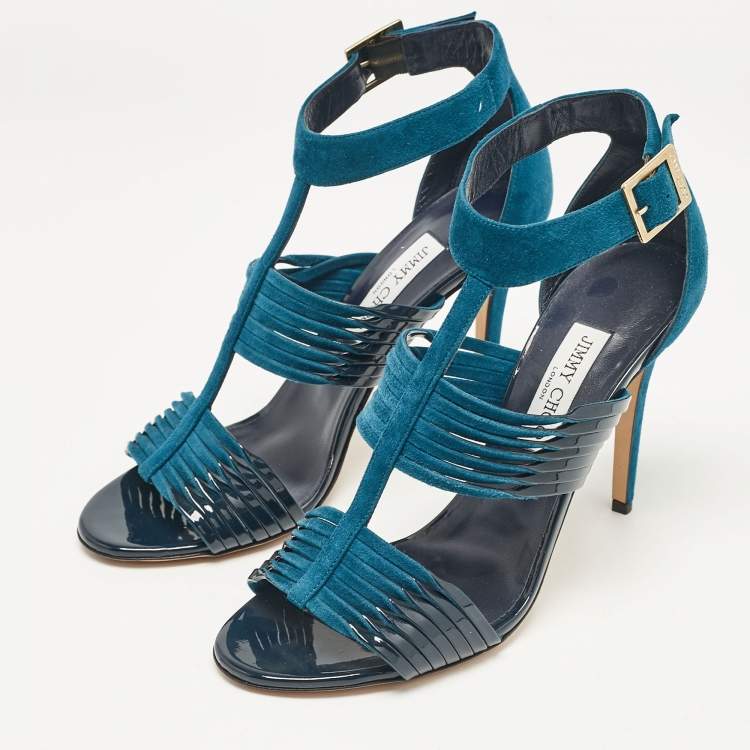 Pre Owned Jimmy Choo Blue Patent Leather and Suede Ankle Strap Sandals Size 41