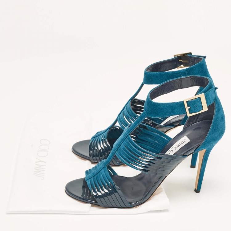 Pre Owned Jimmy Choo Blue Patent Leather and Suede Ankle Strap Sandals Size 41