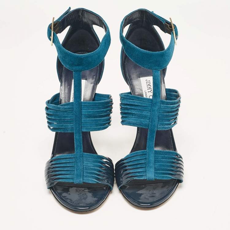 Pre Owned Jimmy Choo Blue Patent Leather and Suede Ankle Strap Sandals Size 41