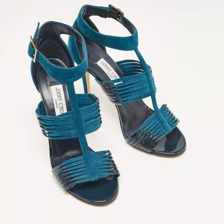 Pre Owned Jimmy Choo Blue Patent Leather and Suede Ankle Strap Sandals Size 41