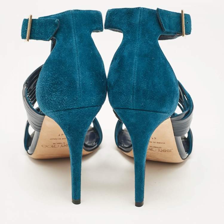 Pre Owned Jimmy Choo Blue Patent Leather and Suede Ankle Strap Sandals Size 41