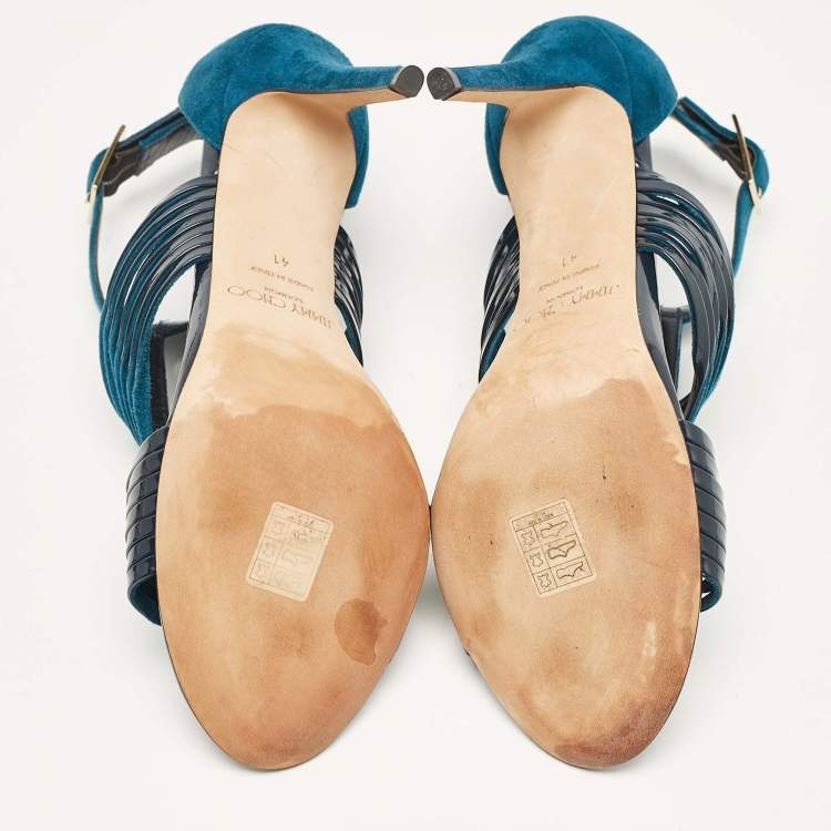 Pre Owned Jimmy Choo Blue Patent Leather and Suede Ankle Strap Sandals Size 41
