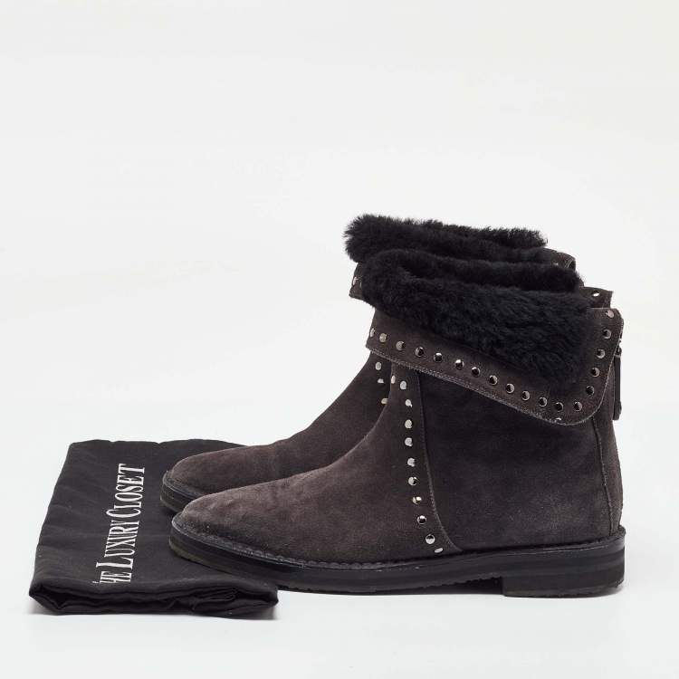 Pre Owned Jimmy Choo Dark Grey Suede Studded Ankle Snow Boots Size 38.5