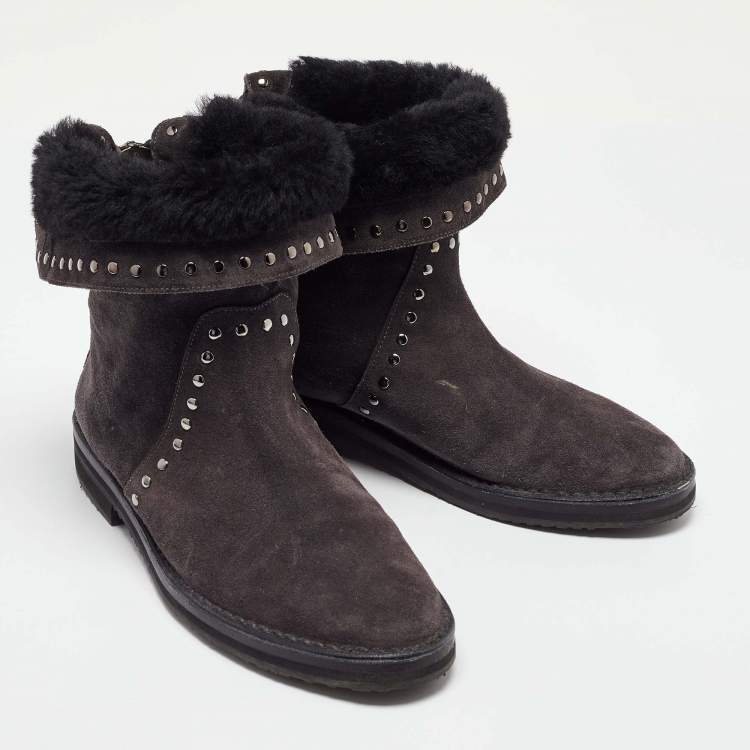 Pre Owned Jimmy Choo Dark Grey Suede Studded Ankle Snow Boots Size 38.5