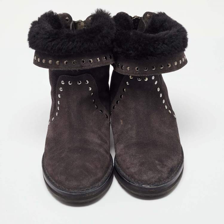 Pre Owned Jimmy Choo Dark Grey Suede Studded Ankle Snow Boots Size 38.5